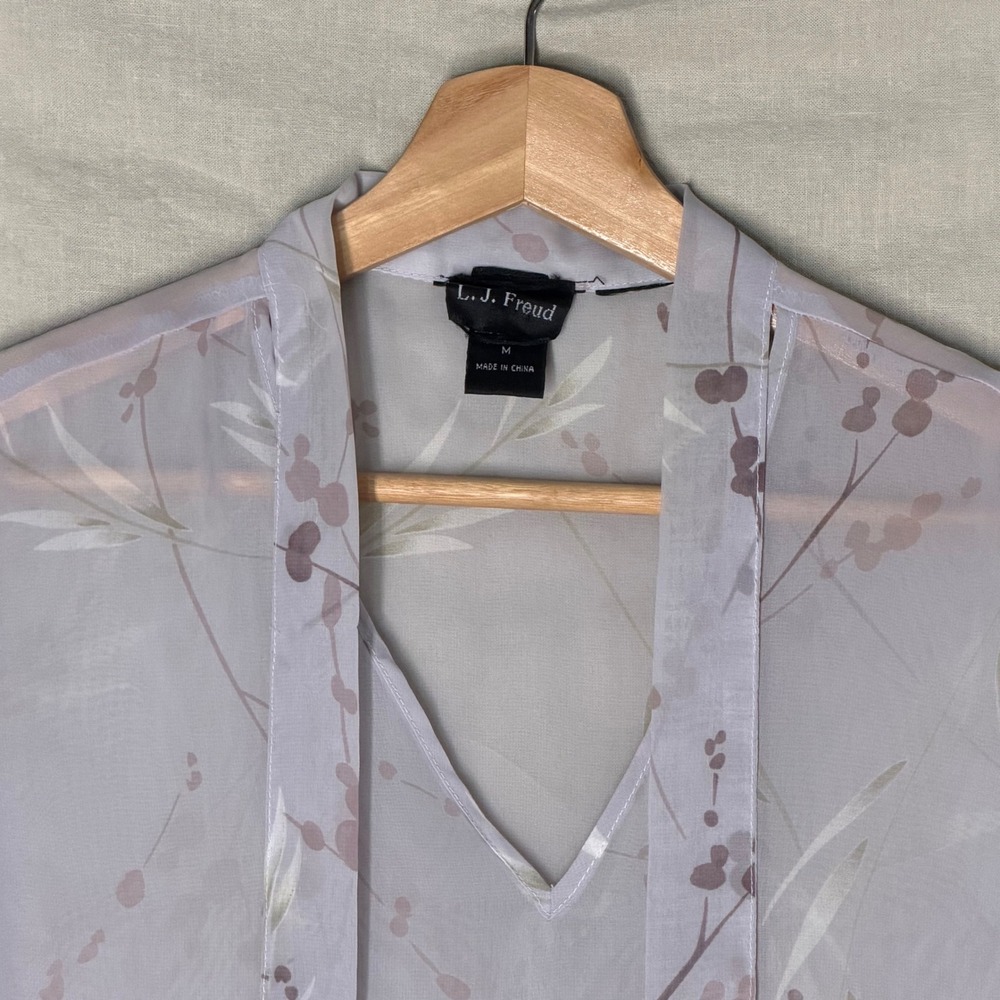 L.J. Freud Lavender Floral Sheer Tie Neck Sleeveless Blouse Women's Size M - Picture 3 of 5